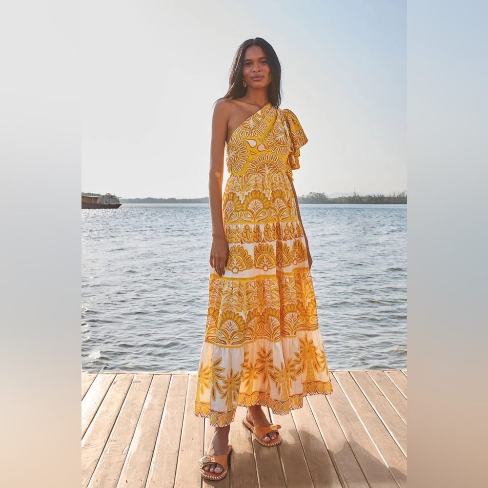 FARM Rio Yellow & White One-Shoulder Maxi Dress
